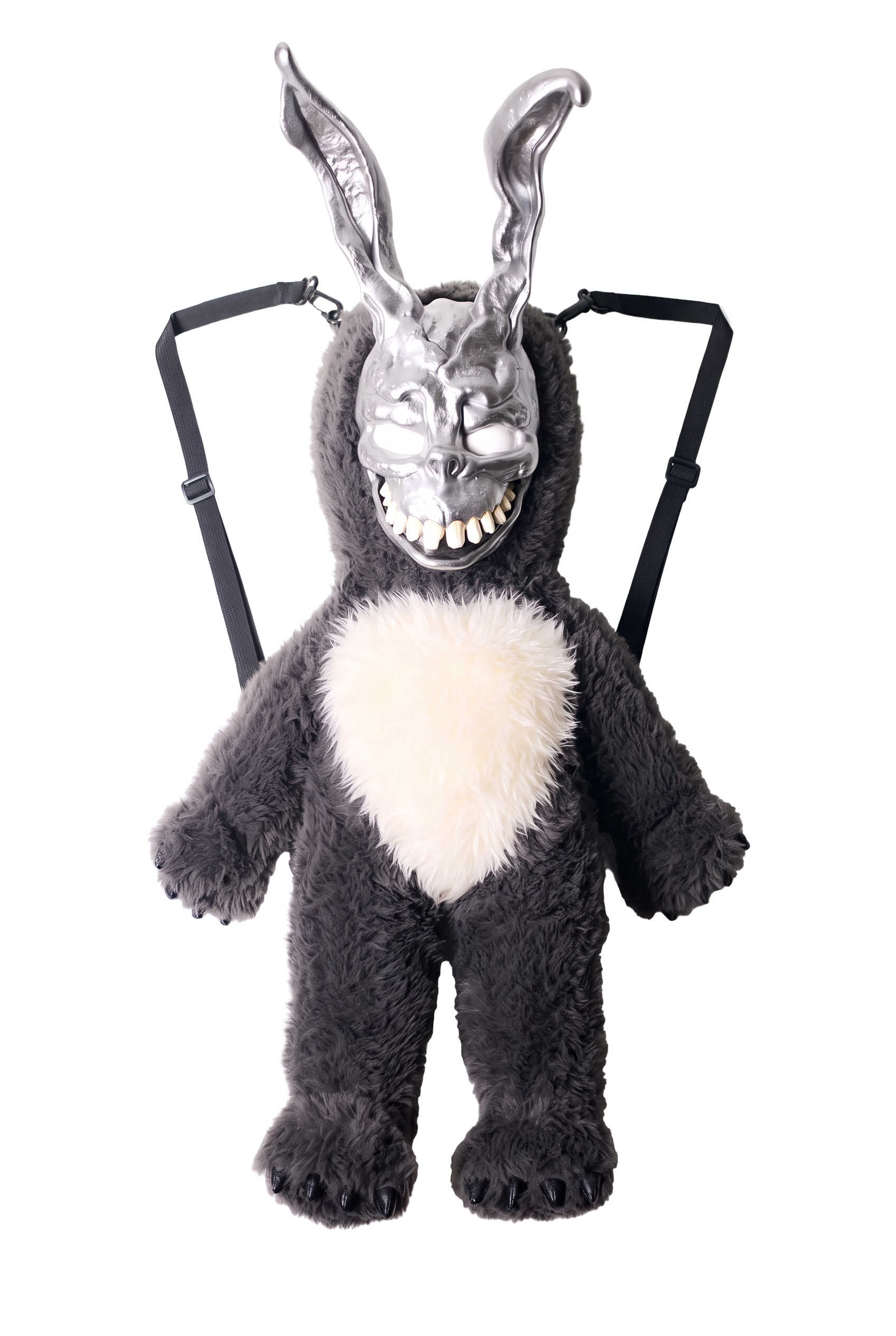 Front of Frank the Rabbit plush with chrome mask and white chest